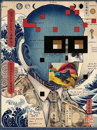 A stylized collage artwork titled 'R3ORDER' (再秩序) features a blue figure with pixelated black sunglasses, Japanese text, and references to 'ResNet' and 'synthetic data' overlaid on a vintage illustration background.