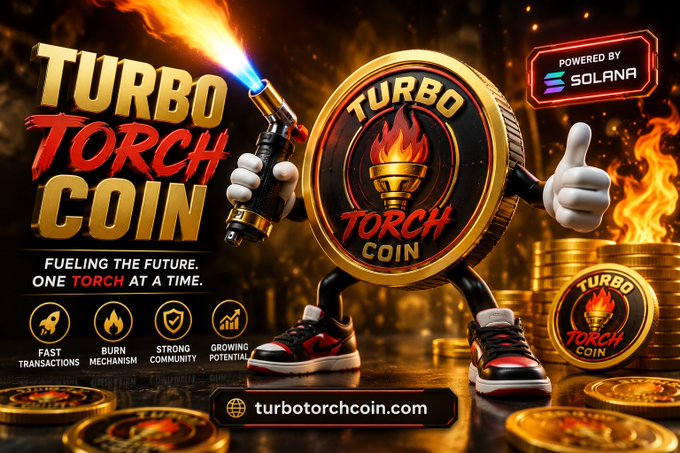A promotional graphic for 'Turbo Torch Coin' cryptocurrency powered by Solana, featuring a mascot coin character holding a torch, with text 'FUELING THE FUTURE. ONE TORCH AT A TIME.' and website turbotorchcoin.com.