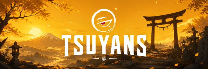 A banner with the text 'TSUYANS' featuring a ninja eye logo, set against a Japanese landscape with Mount Fuji, a torii gate, and a sunset.