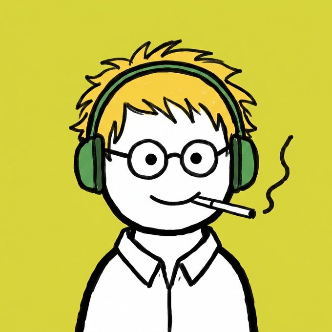 A simple cartoon drawing of a blonde character with round glasses, green headphones, and a cigarette, set against a yellow background.