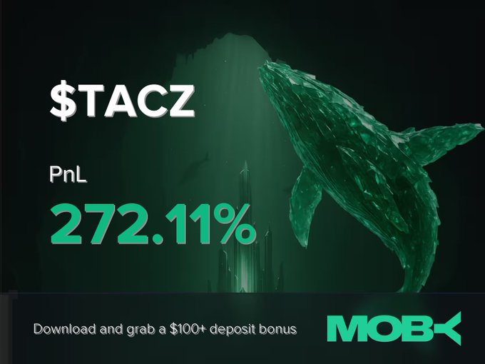 A promotional graphic for Moby Mobile features a stylized emerald whale diving through an underwater-themed background, advertising a trading win alert for $TACZ with a PnL of +272.11%, along with an offer for a $100+ deposit bonus.