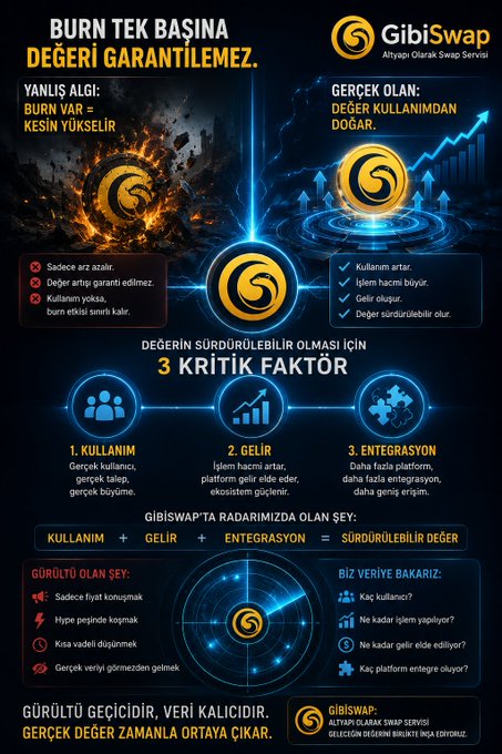 A Turkish-language infographic for 'GibiSwap' altcoin swap service, contrasting burning tokens with the sustainable value equation: 'KULLANIM + GELİR + ENTEGRASYON = SÜRDÜRÜLEBİLİR DEĞER'.