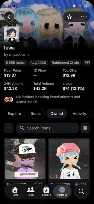 A screenshot of a digital asset or NFT marketplace app showing a collection named "fuwa" by miyacousin with 5,555 items on the Robinhood Chain, displaying a floor price of $13.37 and mentioning holders including PeterParkerrr and JustinTime101.