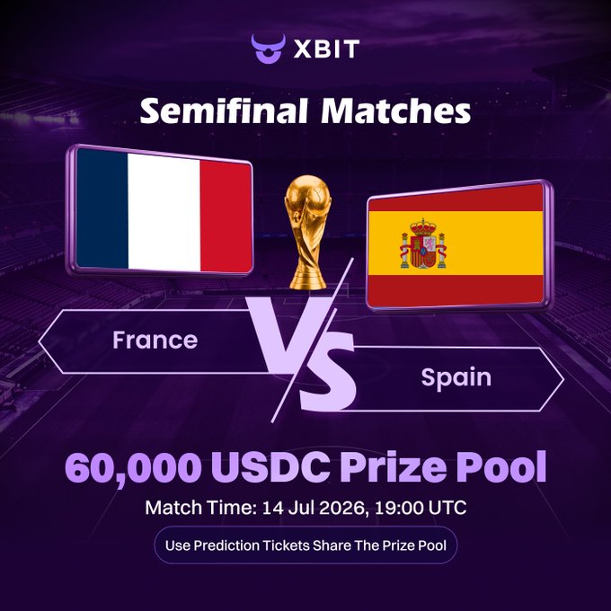 A promotional graphic from XBIT for a Semifinal Match prediction event between France and Spain, scheduled for 14 Jul 2026 at 19:00 UTC, featuring a 60,000 USDC Prize Pool, complete with both nations' flags and a World Cup trophy illustration.