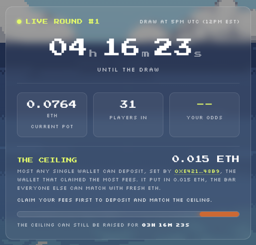 A digital dashboard shows a "LIVE ROUND #1" countdown timer at 04h 16m 23s until a draw, displaying 0.0764 ETH current pot, 31 players in, and a ceiling of 0.015 ETH set by wallet 0XE921...45B9.