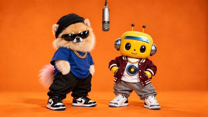 Two plush toys, a Pomeranian dog wearing sunglasses and a beanie, and a yellow robot, both dressed in streetwear clothing and chains, stand next to a microphone against an orange background.