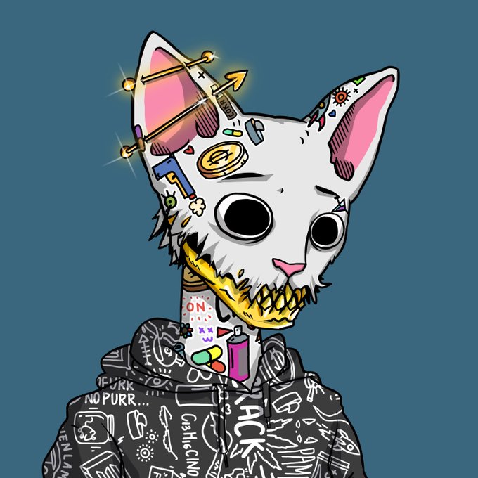 A cartoon illustration of a white cat with large black eyes, wearing a graffiti-patterned hoodie, with abstract symbols and shapes decorating its face and head.