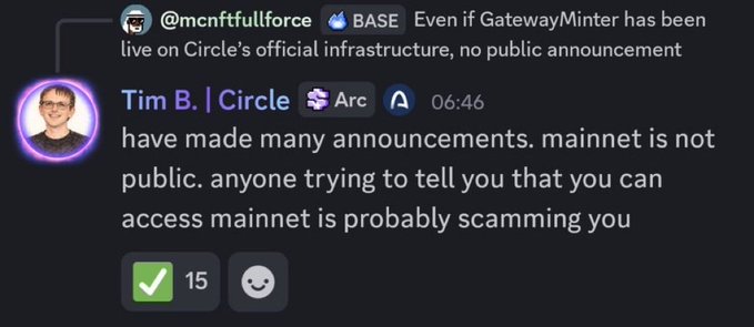 Discord screenshot showing a message from Tim B. of Circle warning that anyone claiming access to mainnet is probably scamming, in response to @mcnftfullforce about GatewayMinter.