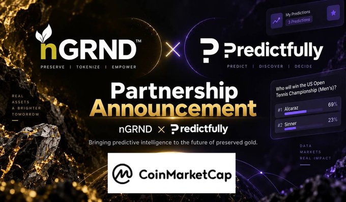 A 'Partnership Announcement' graphic between nGRND and Predictfully, featuring their logos and a prediction for the US Open Tennis Championship (Men's) with Alcaraz at 69% and Sinner at 23%, alongside the CoinMarketCap logo.