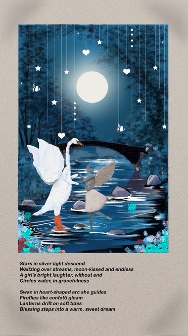 A poetic illustration shows a graceful white swan and a fairy meeting under a full moon by a stream, accompanied by verses about moonlight, fireflies, and a warm, sweet dream.