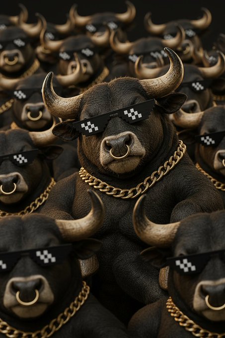 A herd of muscular bulls wearing pixelated "deal with it" sunglasses and gold chains, led by a prominent bull with a nose ring, visually embodies the "$BULLE" meme coin narrative promoted in the post. The bullish imagery reinforces the crypto branding and hype surrounding the team's takeover of the project.