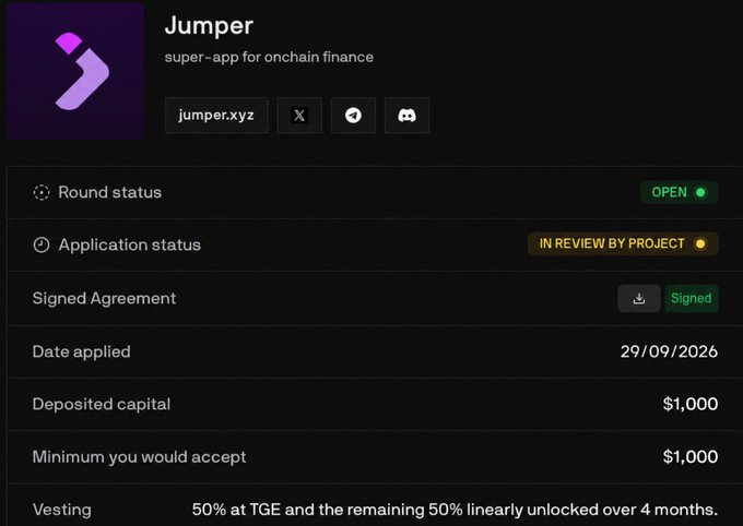 Dashboard interface for 'Jumper' (super-app for onchain finance) showing jumper.xyz links, with round status OPEN, application status IN REVIEW BY PROJECT, and a $1,000 deposited capital with 50% TGE vesting terms.