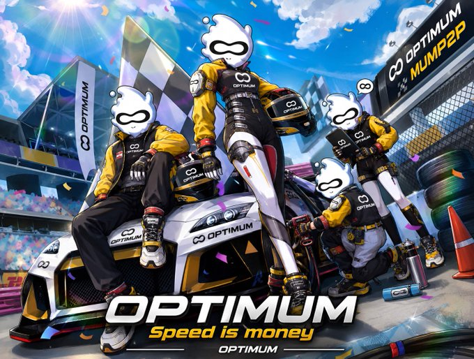 A stylized racing team branded with "OPTIMUM" and "MUMP2P" logos poses around a sports car, featuring the tagline "Speed is money" — visually reinforcing the post's theme that fast, efficient data movement is the critical, performance-driven infrastructure for Web3, much like speed is essential in motorsports.