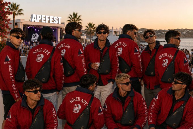 A group of men in matching red 'BORED APE YACHT CLUB' jackets posing at an 'APEFEST' event.