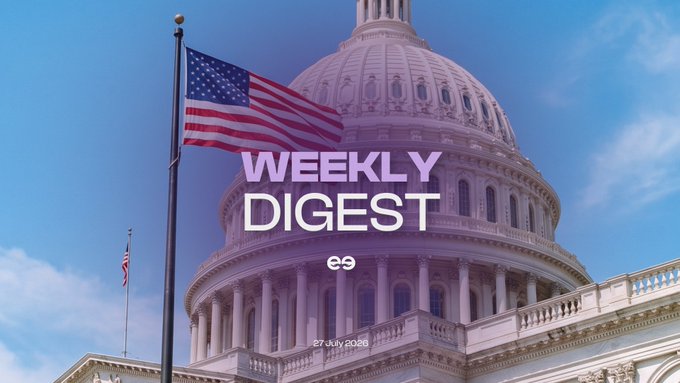 A "Weekly Digest" cover graphic dated 27 July 2026, showing the US Capitol dome with an American flag and overlaid purple and white text.