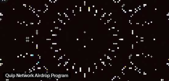 A pixelated, space-themed graphic with white plus signs and dots on a dark brown background, labeled "Quip Network Airdrop Program" at the bottom.