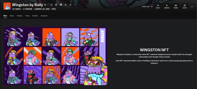 A webpage for 'Wingston by Rally,' a community-native NFT collection featuring colorful cartoon character artwork, with 28 minting days remaining and stats showing 0/6/64 minted/listed/owners.