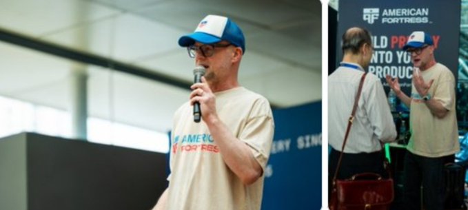 Two-panel image showing a man wearing glasses and a blue/white cap speaking into a microphone at an 'American Forgings' event, with the Adidas logo visible in the corner.