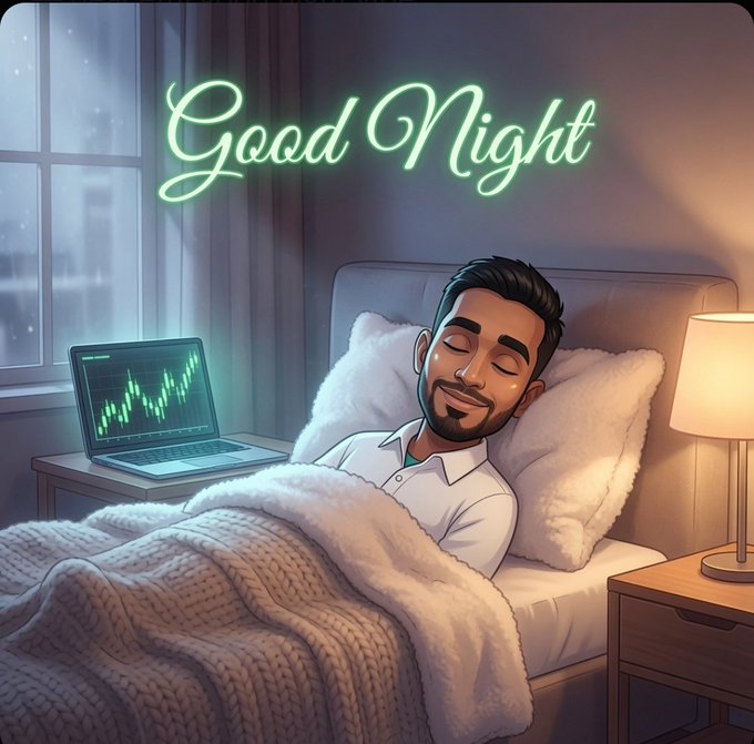 In the image, there's a man lying down in bed with his eyes closed while looking at a laptop monitor that shows a graph of cryptocurrency values. The background includes a lamp near the wall and another one further back where a window can be seen on the left side. There is also a message written above him which reads "Good Night."