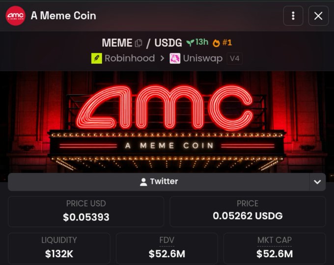 A cryptocurrency tracking interface displays information for 'MEME' against 'USDG', showing a price of '$0.05393', a liquidity of '$132K', and a market cap of '$52.6M' beneath a neon 'AMC' sign.