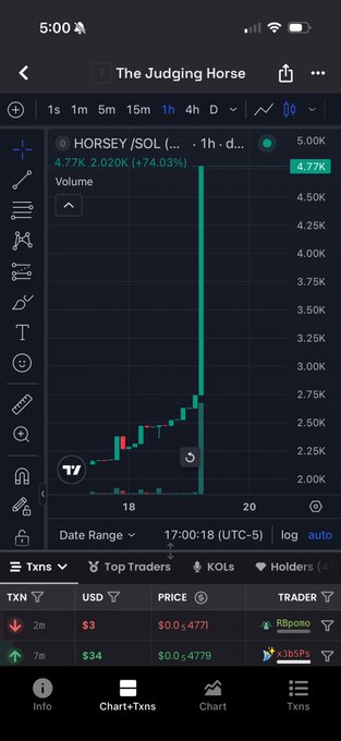 The image shows a 1-hour candlestick chart for the $HORSEY token on Solana, displaying a dramatic vertical price spike from ~$2.00K to $4.77K (a +74.03% gain) with the header "The Judging Horse." This visually reinforces the post's "holy hold your $horsey" message, capturing the meme coin's explosive pump moment meant to encourage followers to hold through the volatility.
