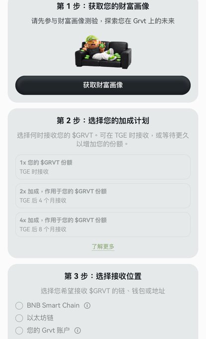 A Chinese-language crypto interface showing a 3-step process to claim a $GRVT airdrop, with options for 1x, 2x, or 4x multiplier, and choice of BNB Smart Chain, Ethereum, or Grvt account.