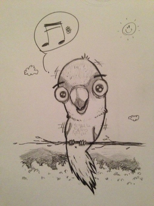 A hand-drawn cartoon of a bird perched on a wire, singing musical notes with a sun and clouds in the background.