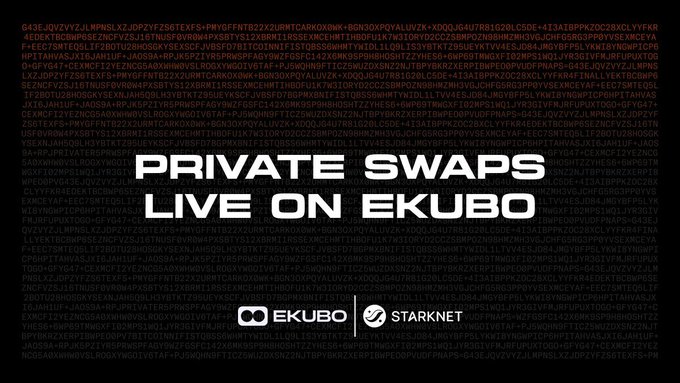 A promotional graphic with a matrix-style background displaying 'PRIVATE SWAPS LIVE ON EKUBO' alongside the Ekubo and StarkNet logos.