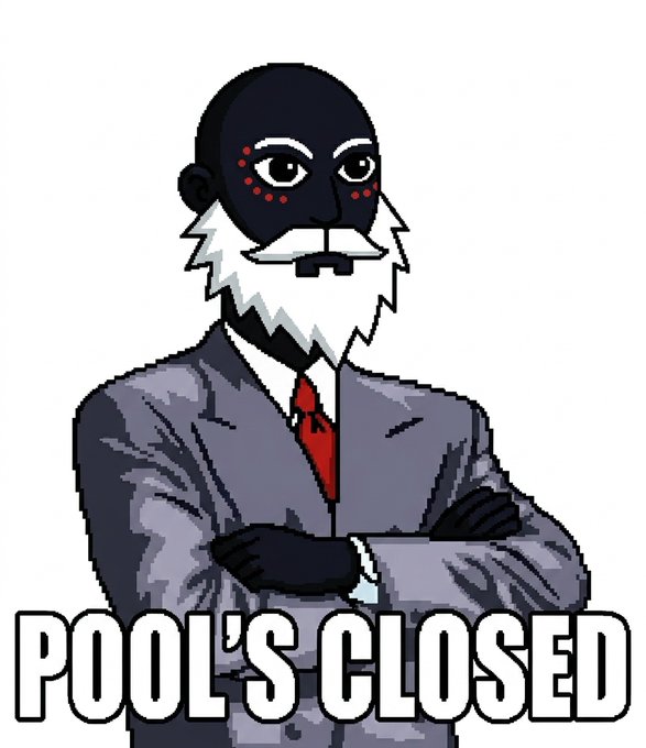 A cartoon illustration shows a dark-skinned man in a gray suit with a white beard and red tie standing with crossed arms, with bold text below reading 'POOL'S CLOSED'.