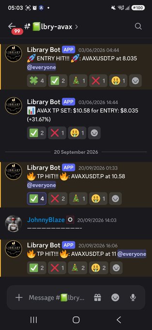 A Discord chat screenshot from the 'lbry-avax' channel showing messages from 'Library Bot' about 'ENTRY HIT', 'AVAX TP SET', and 'TP HIT' for 'AVAXUSDT' with prices like 8.035 and 10.58, along with user 'JohnnyBlaze' posting.