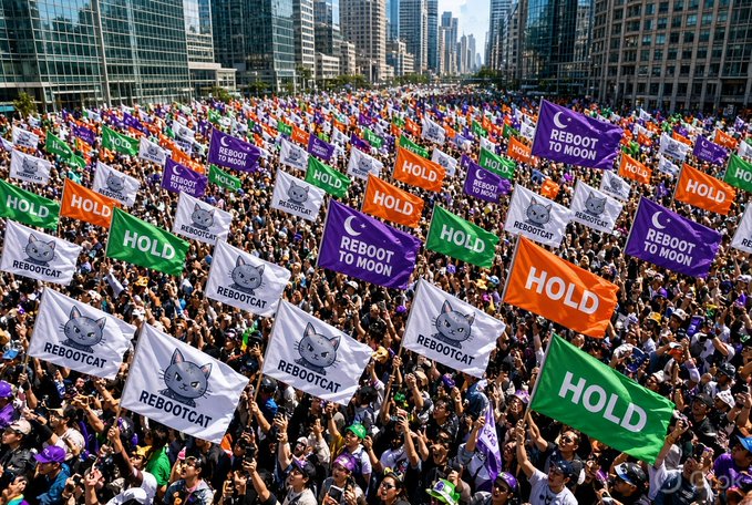 A large crowd at a rally holding banners and flags featuring a cat logo with the text 'REBOOTCAT' and 'REBOOT TO MOON', along with green and orange flags reading 'HOLD'.
