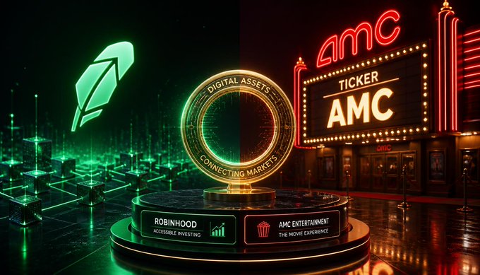 A digital graphic shows a glowing gold "DIGITAL ASSETS / CONNECTING MARKETS" coin between a green Robinhood logo and an AMC theater marquee, with text for "ROBINHOOD ACCESSIBLE INVESTING" and "AMC ENTERTAINMENT THE MOVIE EXPERIENCE."