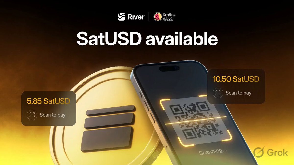 The image features two cell phones, one of which has a QR code displayed on its screen. The other phone displays an advertisement for a cryptocurrency exchange called River. The text on the image reads "Quick look at @RiverdotInc and @River4fun their app setup feels clean and yield options look decent. good for a long term play. you trying any quests or just holding?". This suggests that the phones are promoting a cryptocurrency exchange, possibly offering users an opportunity to invest in digital assets like SatUSD.
