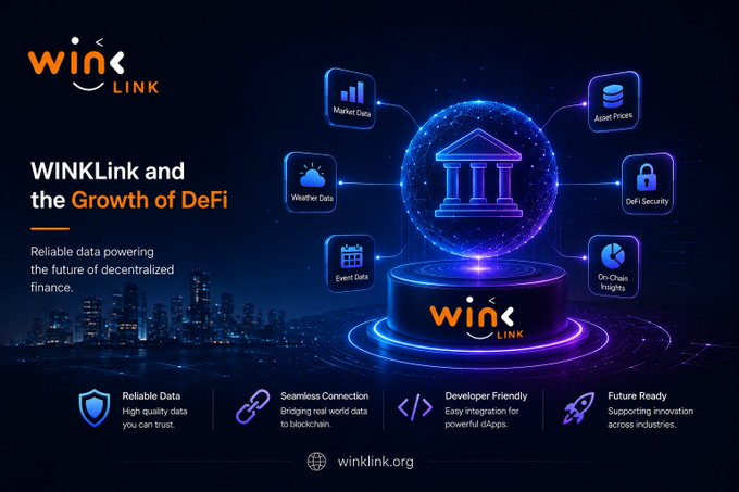 A promotional graphic for 'WINkLink' displaying 'WINkLink and the Growth of DeFi' with text 'Reliable data powering the future of decentralized finance' and the website winklink.org.
