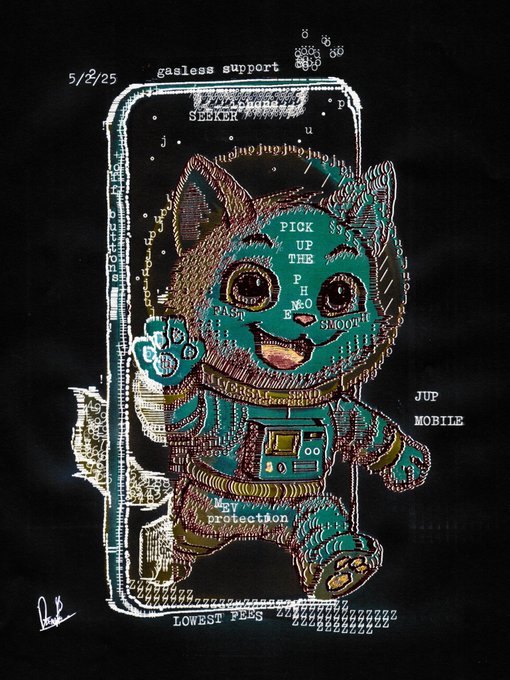 A stylized illustration on a black background depicts a cat-like character in a spacesuit inside a phone interface, with text including '5/2/25', 'gasless support', 'PICK UP THE PHONE', 'SMOOVE', 'JUP MOBILE', 'protection', and 'LOWEST FEES'.