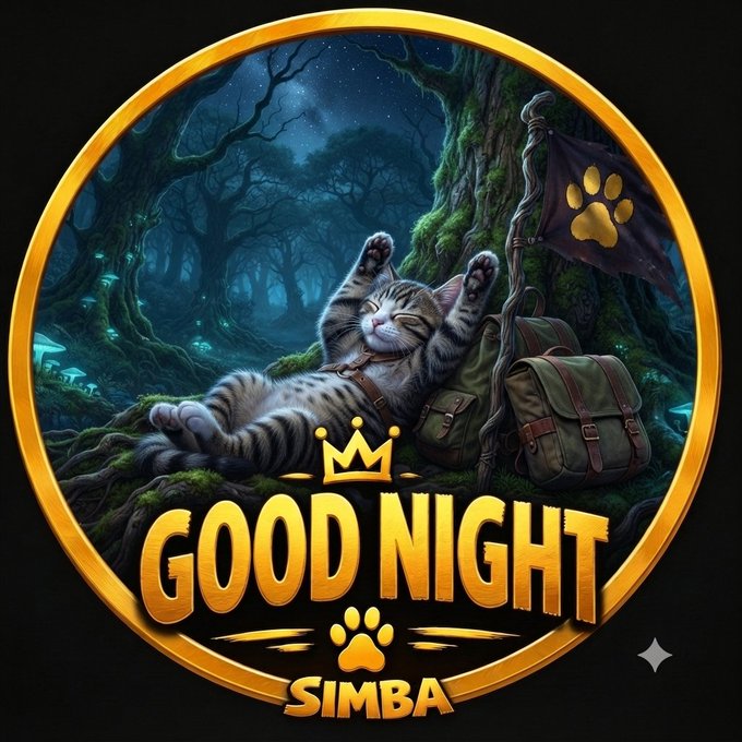 A circular graphic illustration featuring a relaxed tabby cat in a moonlit forest with a backpack and flag, displaying the text 'GOOD NIGHT SIMBA'.
