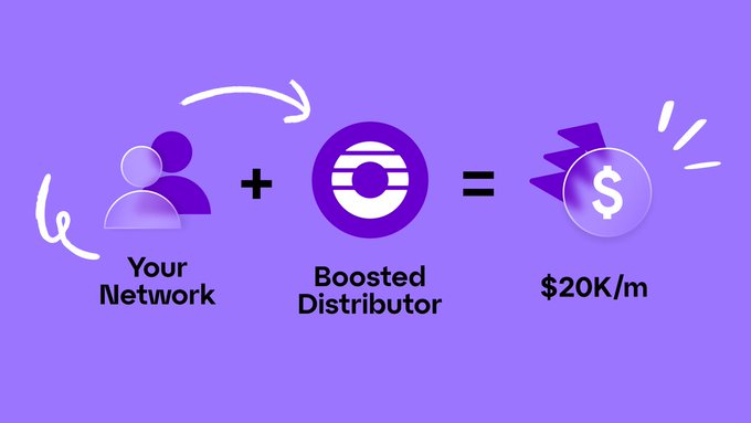 The image features three circles arranged vertically against a purple background, each representing an individual who has either completed a BD course or possesses some cryptocurrency trading knowledge. The first circle represents someone who has just joined the boosting network and is now a distributor. The second circle shows a previous distributor who has achieved success in boosting others' distributors. The third circle represents a more experienced distributor currently making money through orders on various boost distribution platforms. Above each individual, there's an arrow pointing towards them to emphasize their involvement with the boosting process. Below these circles, there are dollar values written to represent how much money they make.