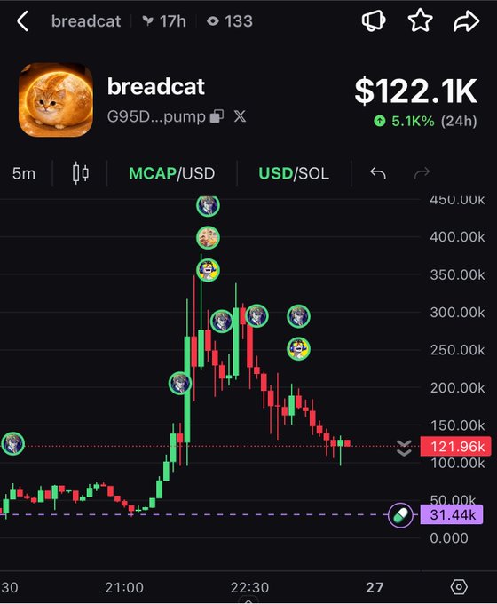 A cryptocurrency chart for "breadcat" token (G95D...pump) showing $122.1K market cap, up 5.1% (24h), with cat face markers on the price chart.