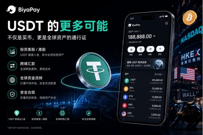 A BiyaPay advertisement highlights USDT as a "global asset passport" (全球资产的通行证), showcasing its app interface with USDT balances of 188,888.00 and assets like BTC, ETH, HKD, and USD, alongside features for investing in US/HK stocks and global remittances.

The image ties to the post's theme by illustrating BiyaPay's solution to the "funds can't arrive in time" problem—offering global asset transfers, multi-currency wallets, and cross-border remittance via USDT that let users quickly move capital into investments rather than missing opportunities due to slow funding.