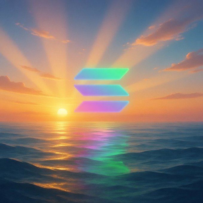 The Solana logo (green, purple, and blue stacked diamonds) glows above a sunrise over the ocean, with its colors reflecting on the water, matching the "Rise and shine, Solana fam!" message of a new day beginning for the community.