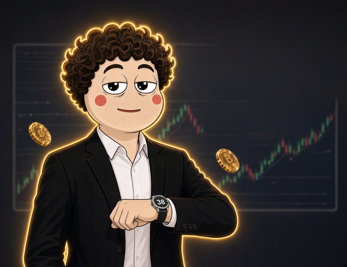 A cartoon-style character with curly hair and rosy cheeks, wearing a black blazer and white shirt, checks a digital watch displaying "38" while two gold coins float beside him, set against a candlestick trading chart showing rising market momentum—visually reinforcing the post's $100,000 giveaway and token buyback strategy tied to $Sol and $POOG.