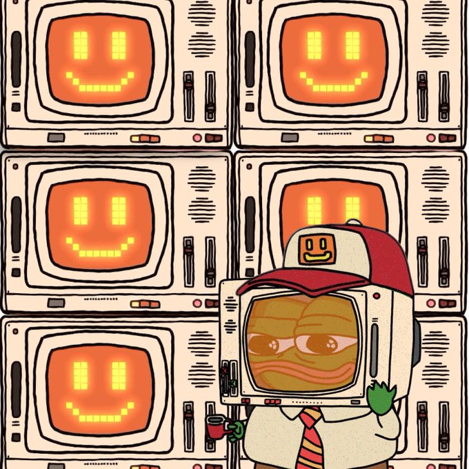 A whimsical illustration showing rows of vintage televisions with pixelated smiley faces on their screens, with one TV character wearing a cap and tie in the foreground.