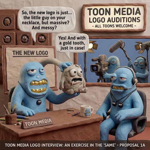 A claymation-style comic scene titled 'TOON MEDIA LOGO AUDITIONS' where blue characters critique a messy new logo with a gold tooth, labeled 'TOON MEDIA LOGO INTERVIEW: AN EXERCISE IN THE 'SAME' - PROPOSAL 1A'.