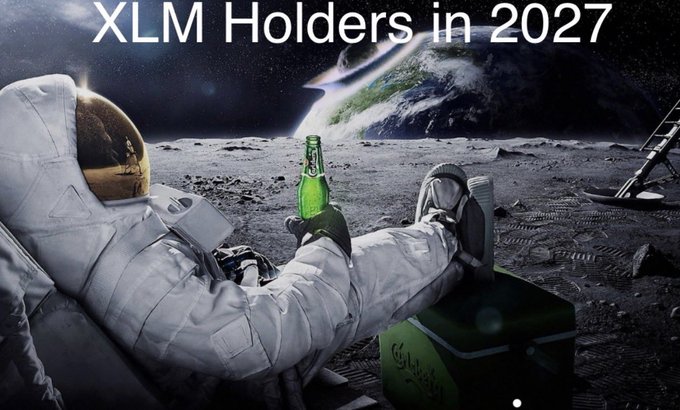 An astronaut lounges on the moon with a green bottle, beneath the text 'XLM Holders in 2027', referencing the Stellar cryptocurrency.