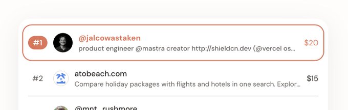 A screenshot of a ranked list with @jalcowastaken (#1) showing '$20' and atobeach.com (#2) showing '$15'.