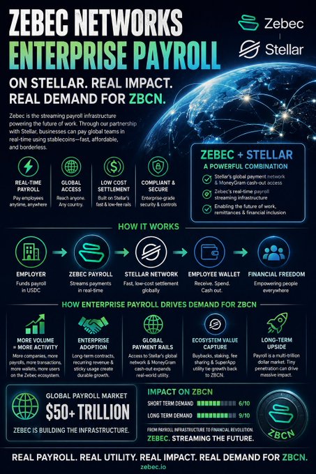 The image features a poster or flyer that highlights the impact of the announcement made by @StellarOrg & @Zebec_HQ, which is related to Zebec Enterprise Payroll. The poster displays various elements such as logos, icons, and text, all contributing to the overall message. It emphasizes the importance of understanding the true impact of this announcement on the demand for the token. The poster also mentions that the ship has set sail, indicating a sense of urgency or excitement about the new venture.