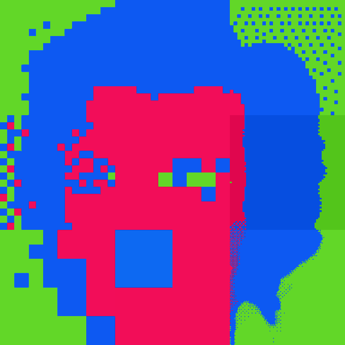 An abstract pixelated digital art image composed of bright blue, green, and red square blocks forming an indistinct figure.