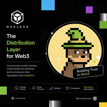A promotional graphic for Nucleus, 'The Distribution Layer for Web3,' featuring a pixel art character wearing a green hat and the tagline 'Building Trust in Web3.'