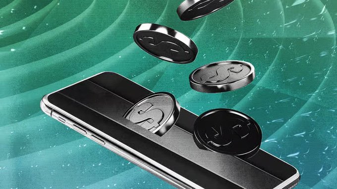A promotional graphic shows several metallic Bitcoin tokens floating above and beside a black smartphone against a green textured background.