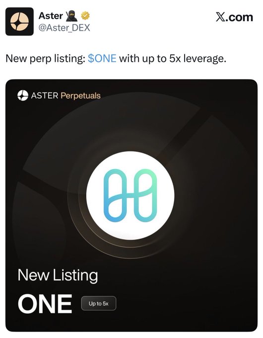 A tweet from Aster (@Aster_DEX) announcing 'New perp listing: $ONE with up to 5x leverage' on ASTER Perpetuals.